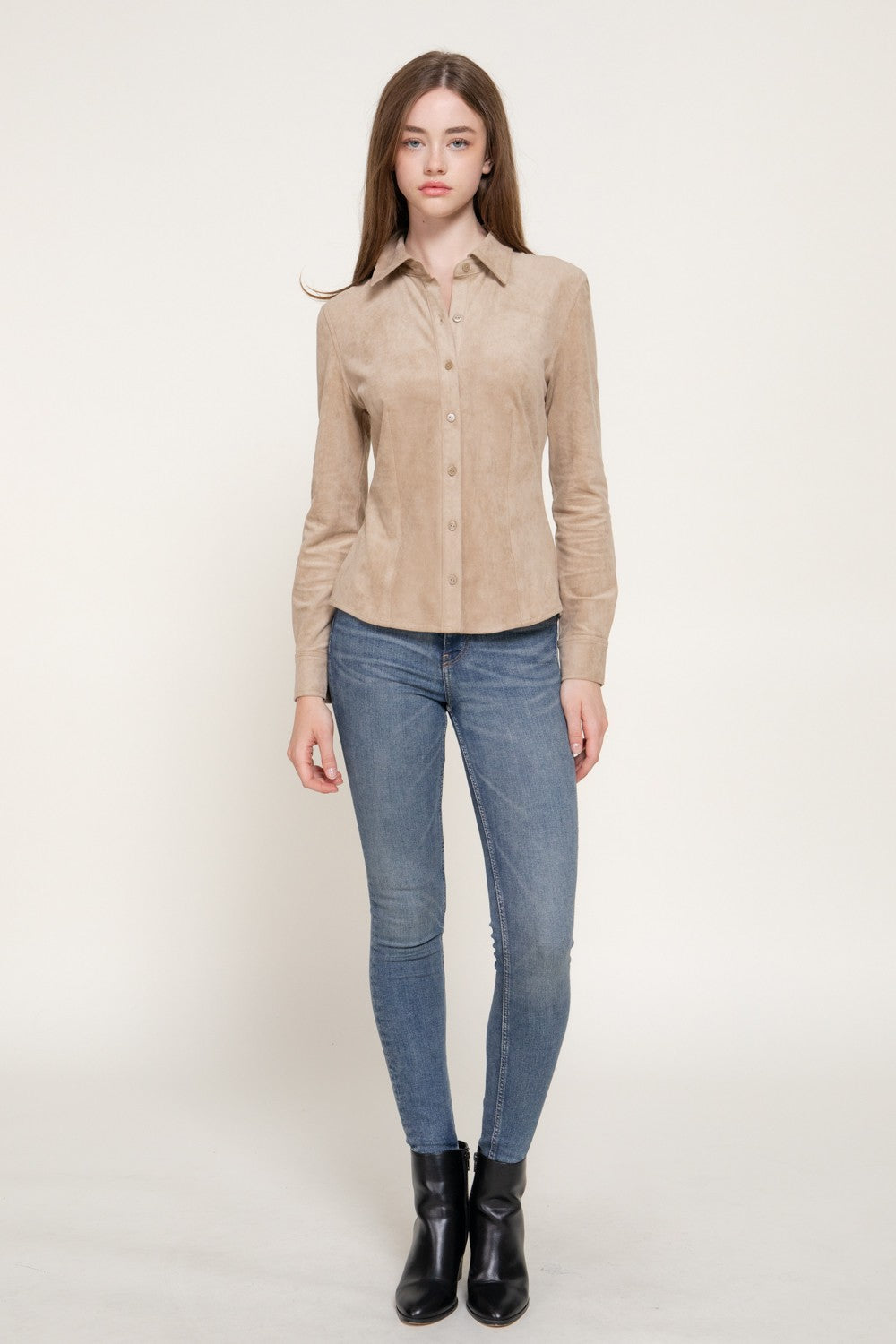 Long Sleeve Stretch Faux Suede Shirt