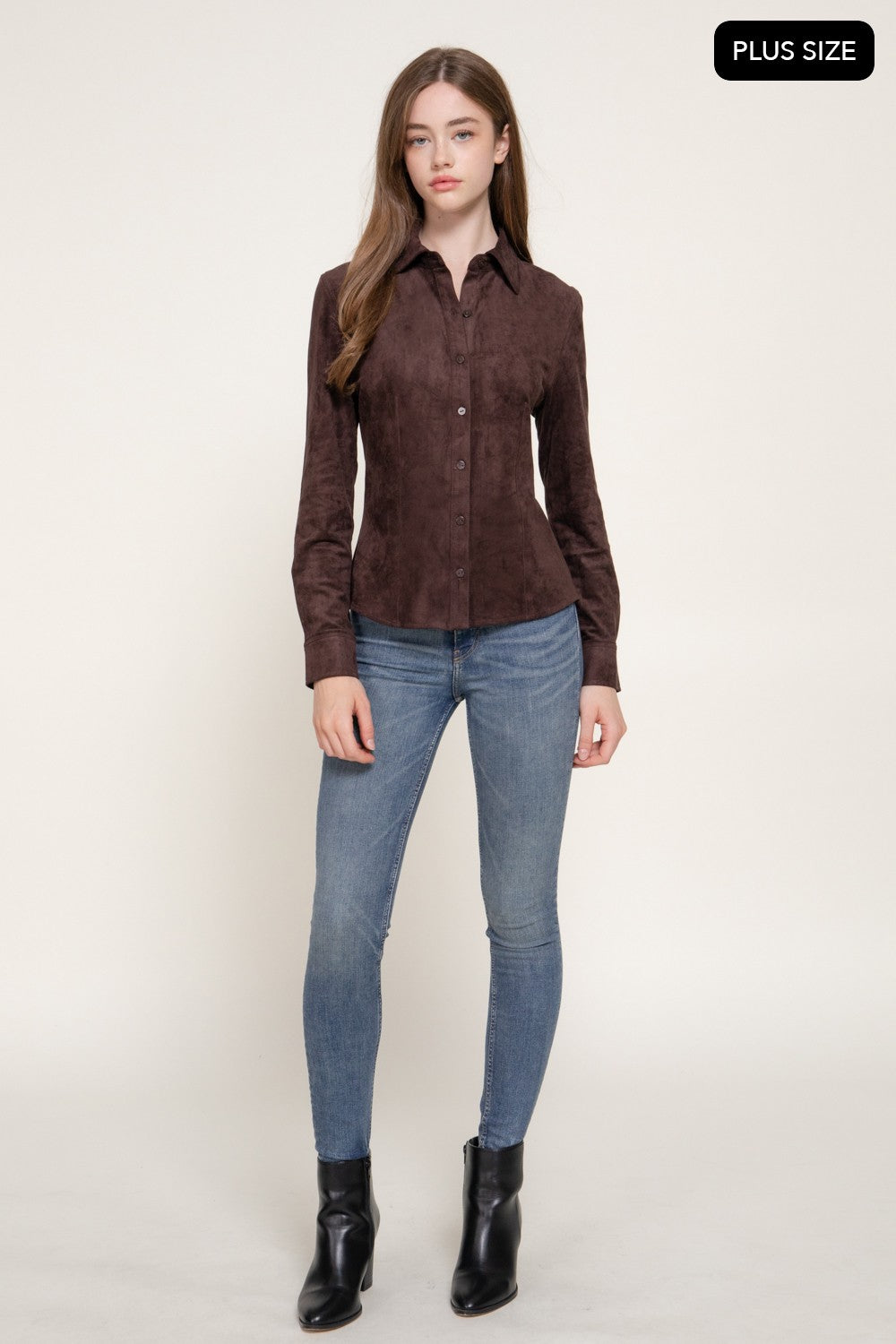 Long Sleeve Stretch Faux Suede Shirt