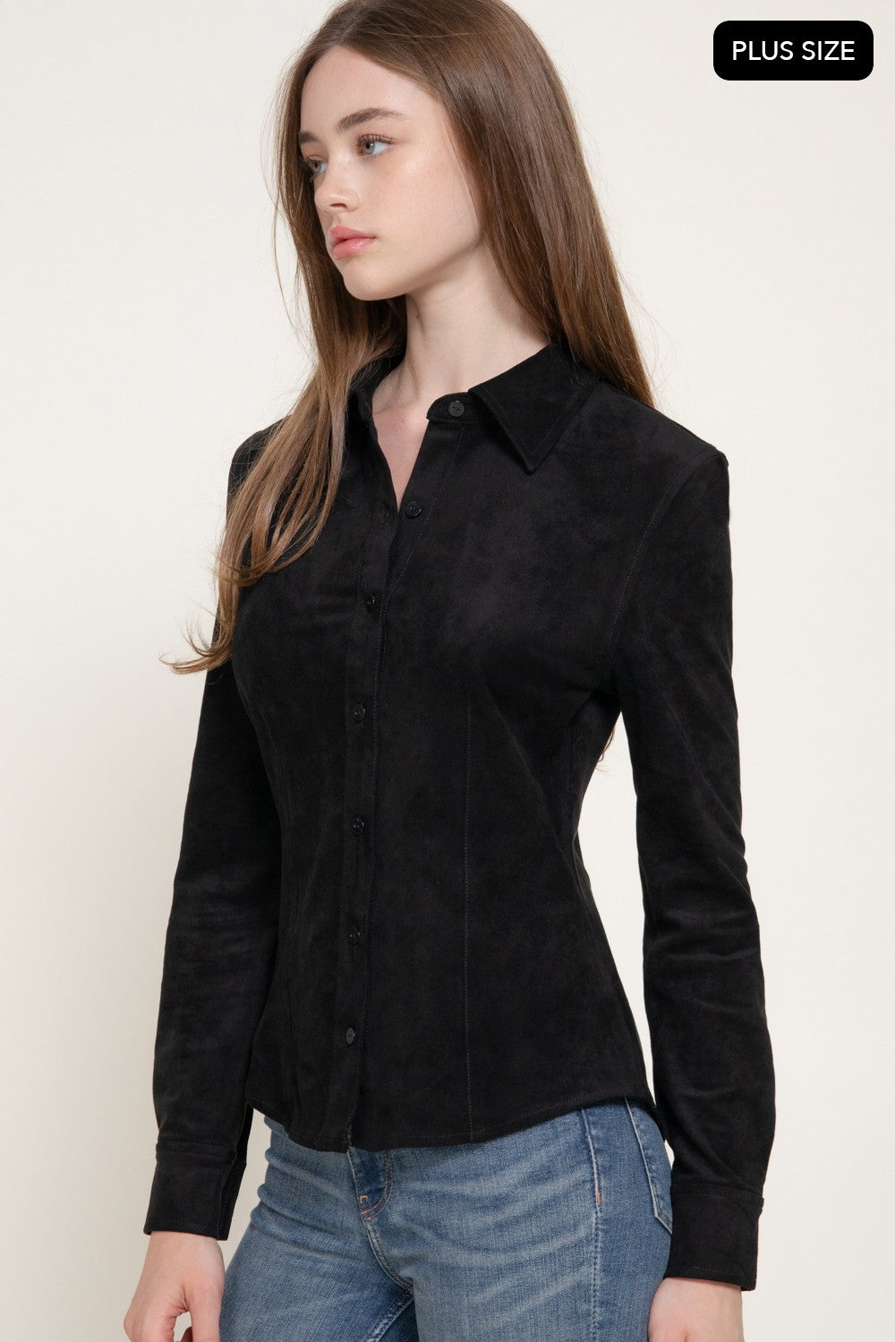 Long Sleeve Stretch Faux Suede Shirt