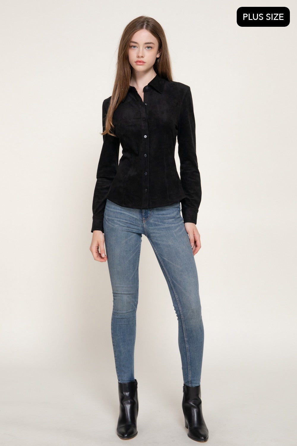 Long Sleeve Stretch Faux Suede Shirt