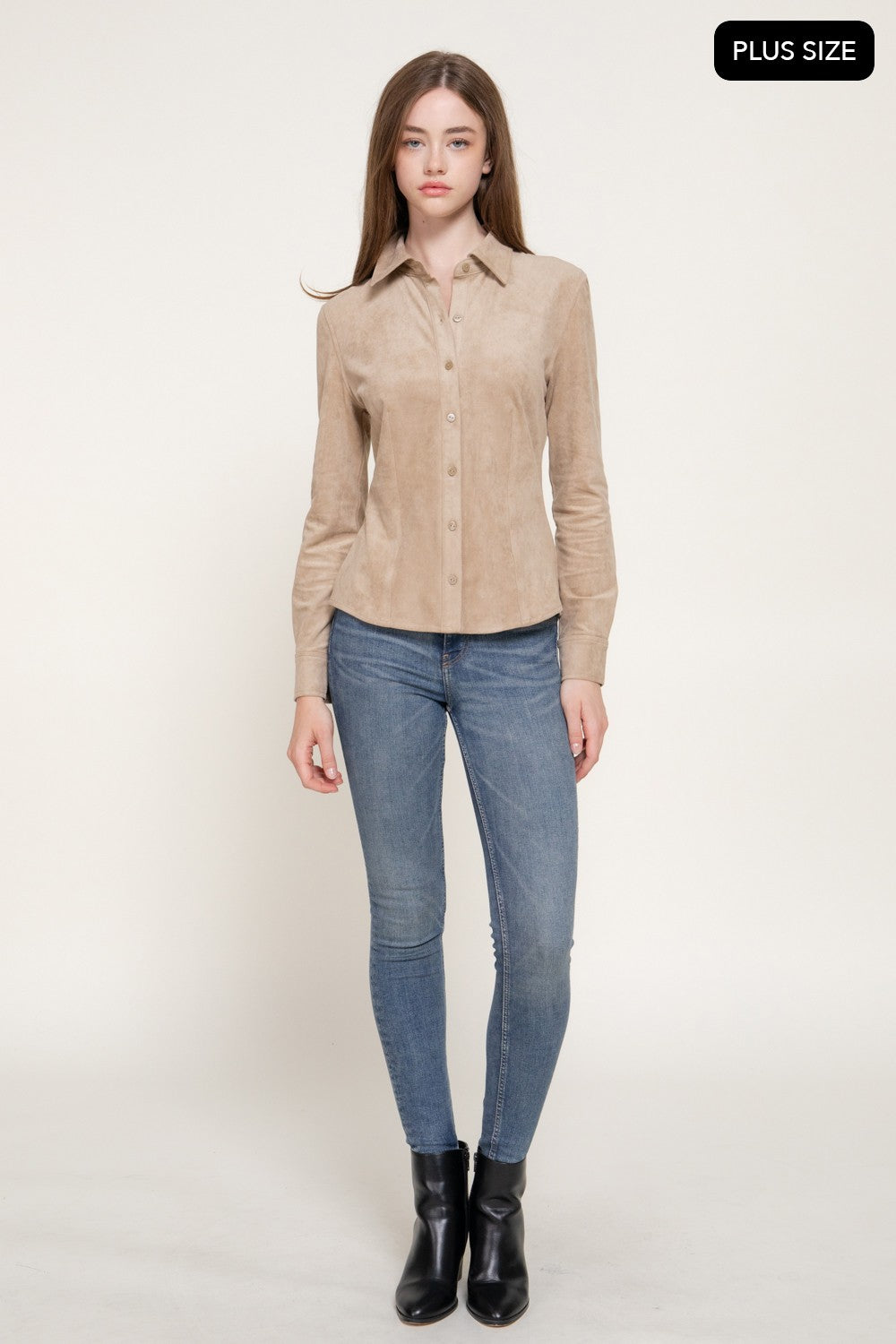 Long Sleeve Stretch Faux Suede Shirt