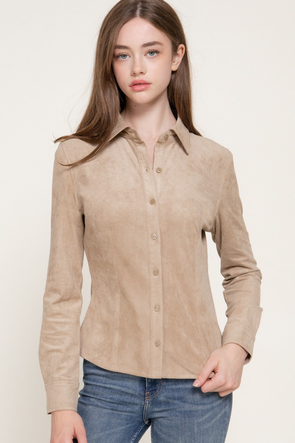 Long Sleeve Stretch Faux Suede Shirt