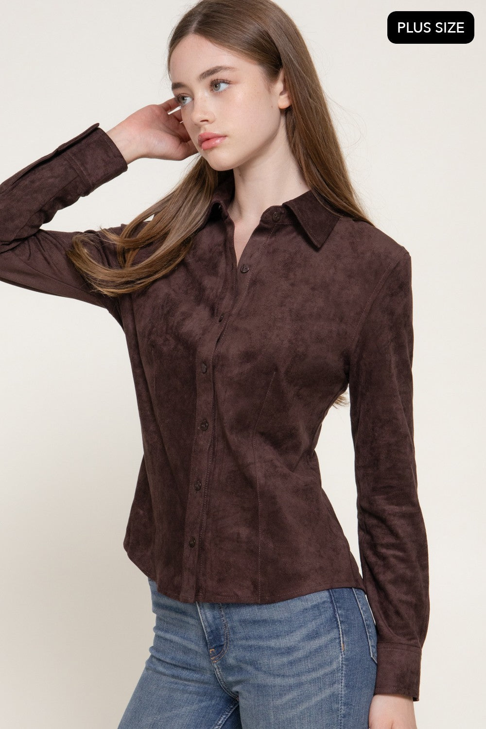Long Sleeve Stretch Faux Suede Shirt