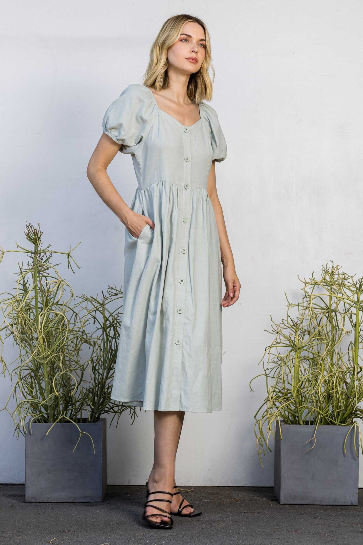 Plus Size Button Front Bubble Sleeve Midi Dress