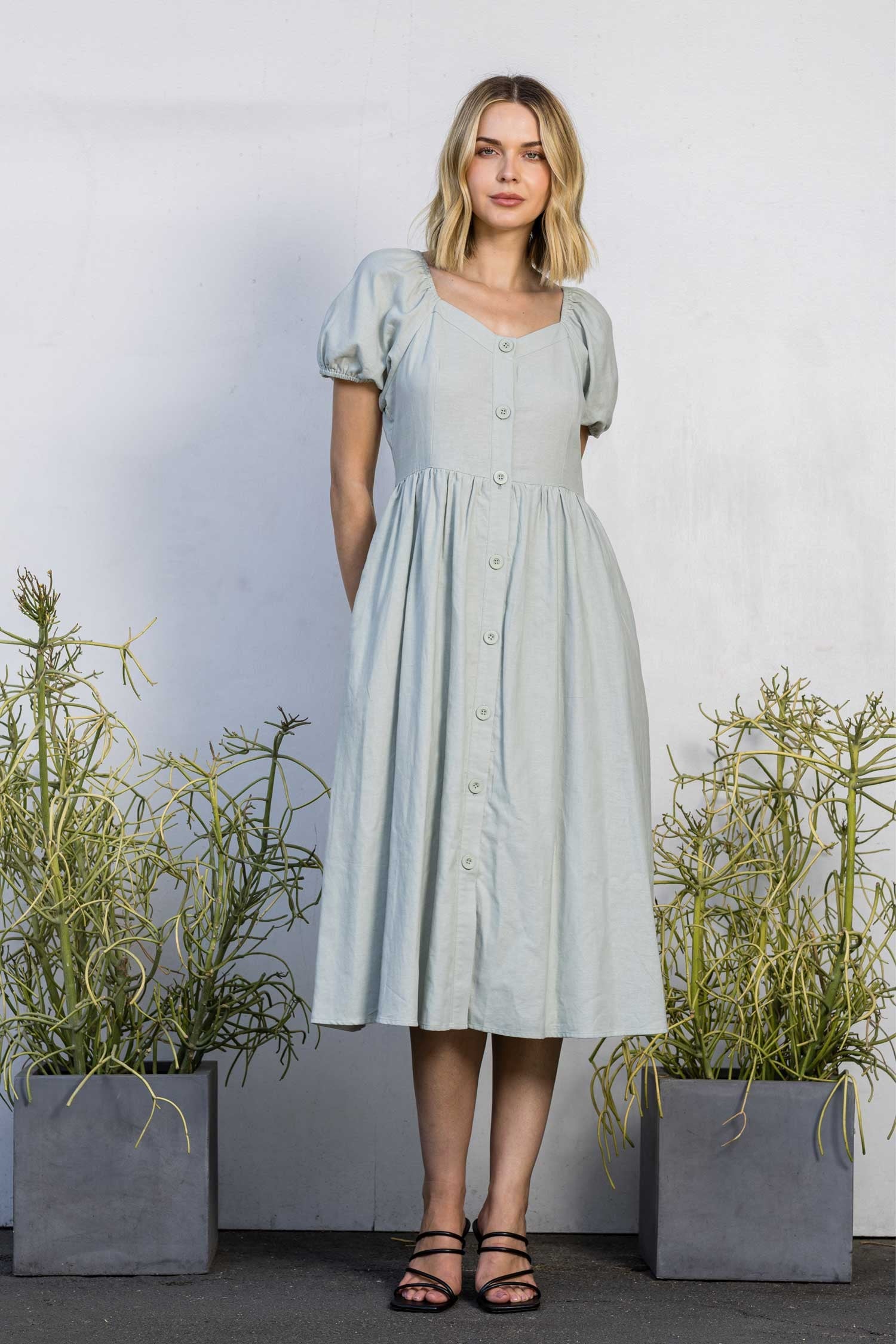 Plus Size Button Front Bubble Sleeve Midi Dress