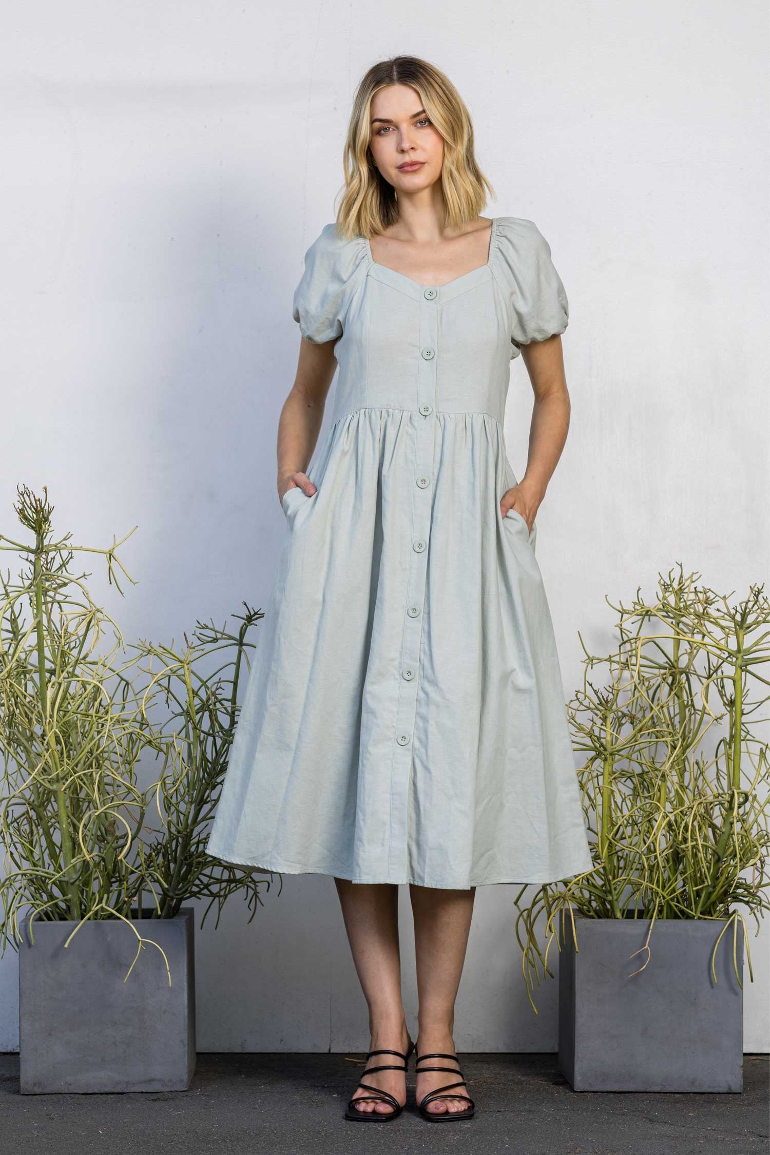 Plus Size Button Front Bubble Sleeve Midi Dress