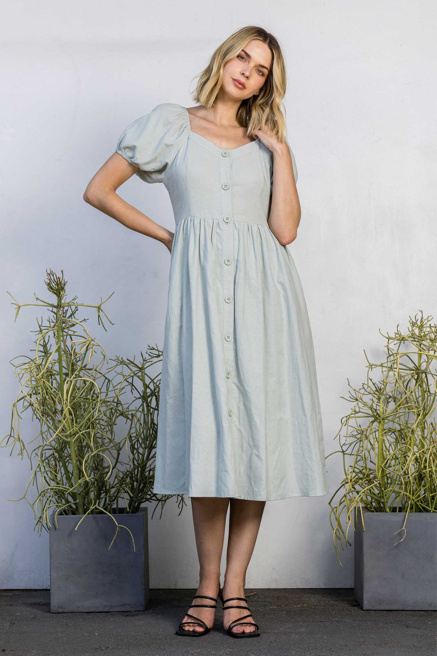 Plus Size Button Front Bubble Sleeve Midi Dress