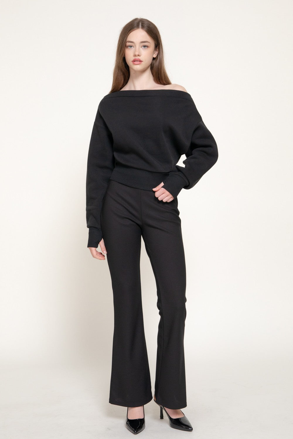 Long Sleeve Off The Shoulder Inner Fleece Top