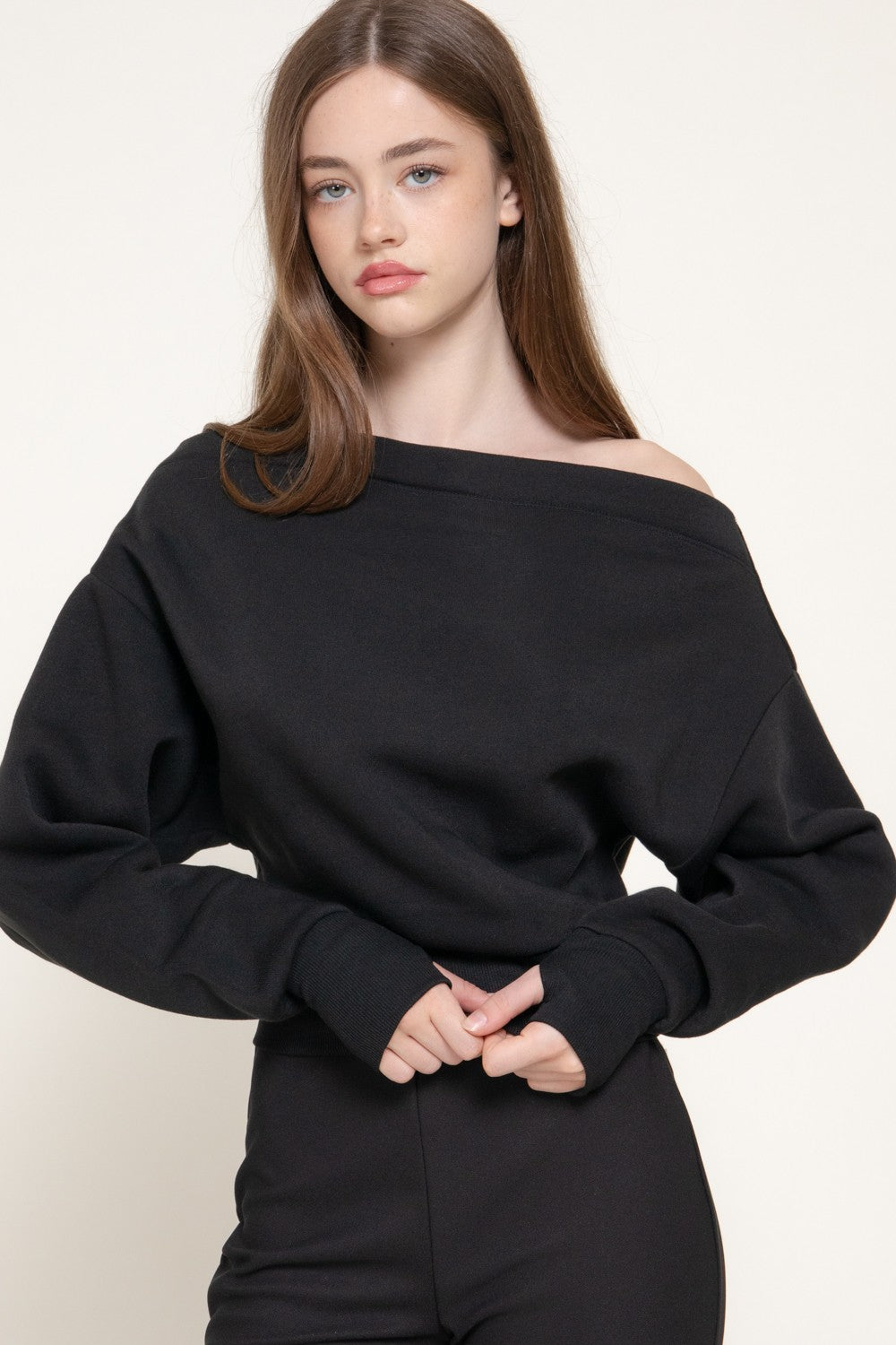 Long Sleeve Off The Shoulder Inner Fleece Top