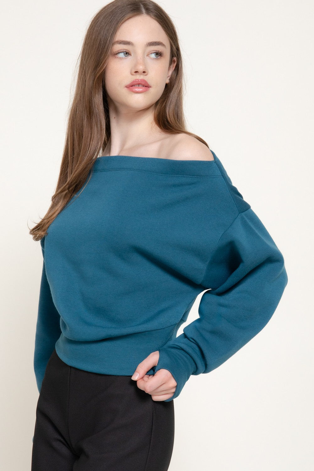 Long Sleeve Off The Shoulder Inner Fleece Top