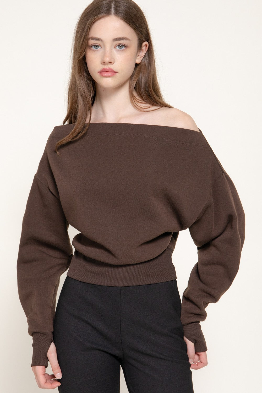 Long Sleeve Off The Shoulder Inner Fleece Top