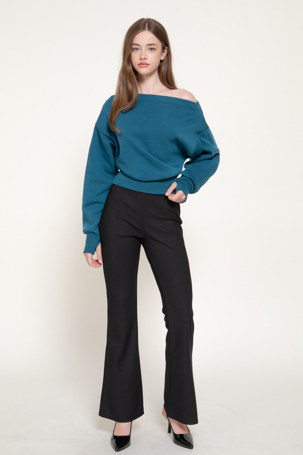 Long Sleeve Off The Shoulder Inner Fleece Top