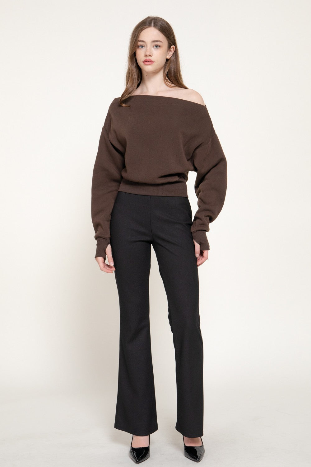 Long Sleeve Off The Shoulder Inner Fleece Top