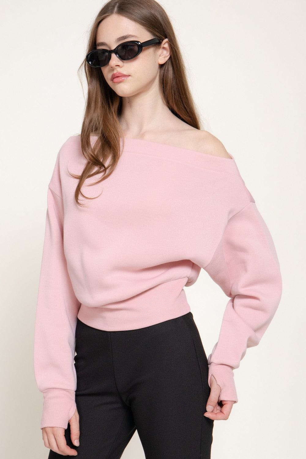 Long Sleeve Off The Shoulder Inner Fleece Top