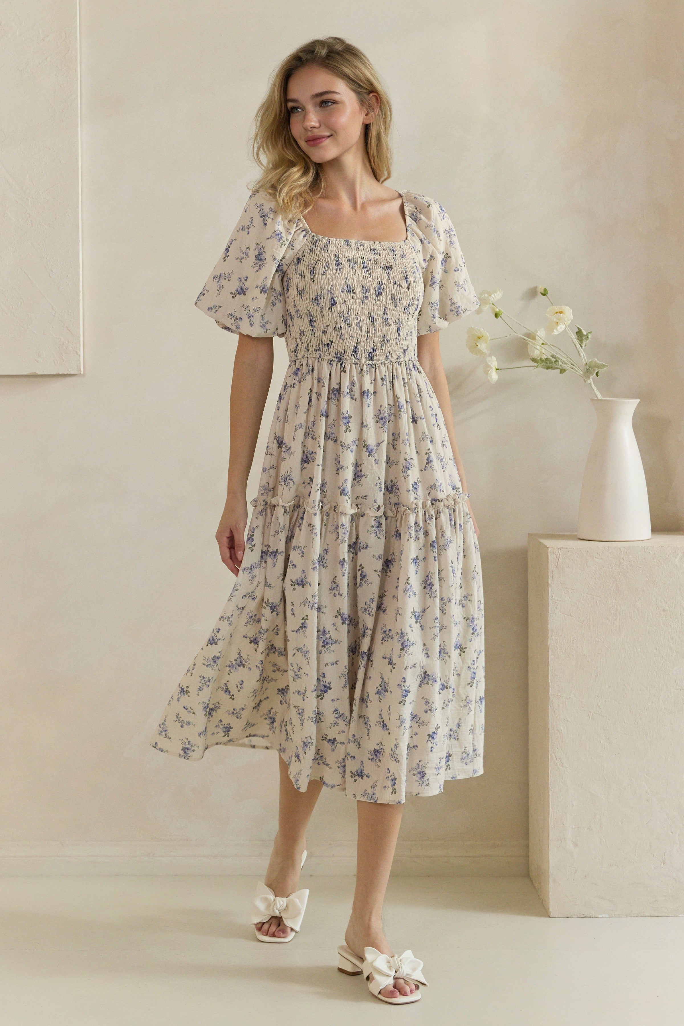 Plus Size Floral Smocked Tiered Midi Dress