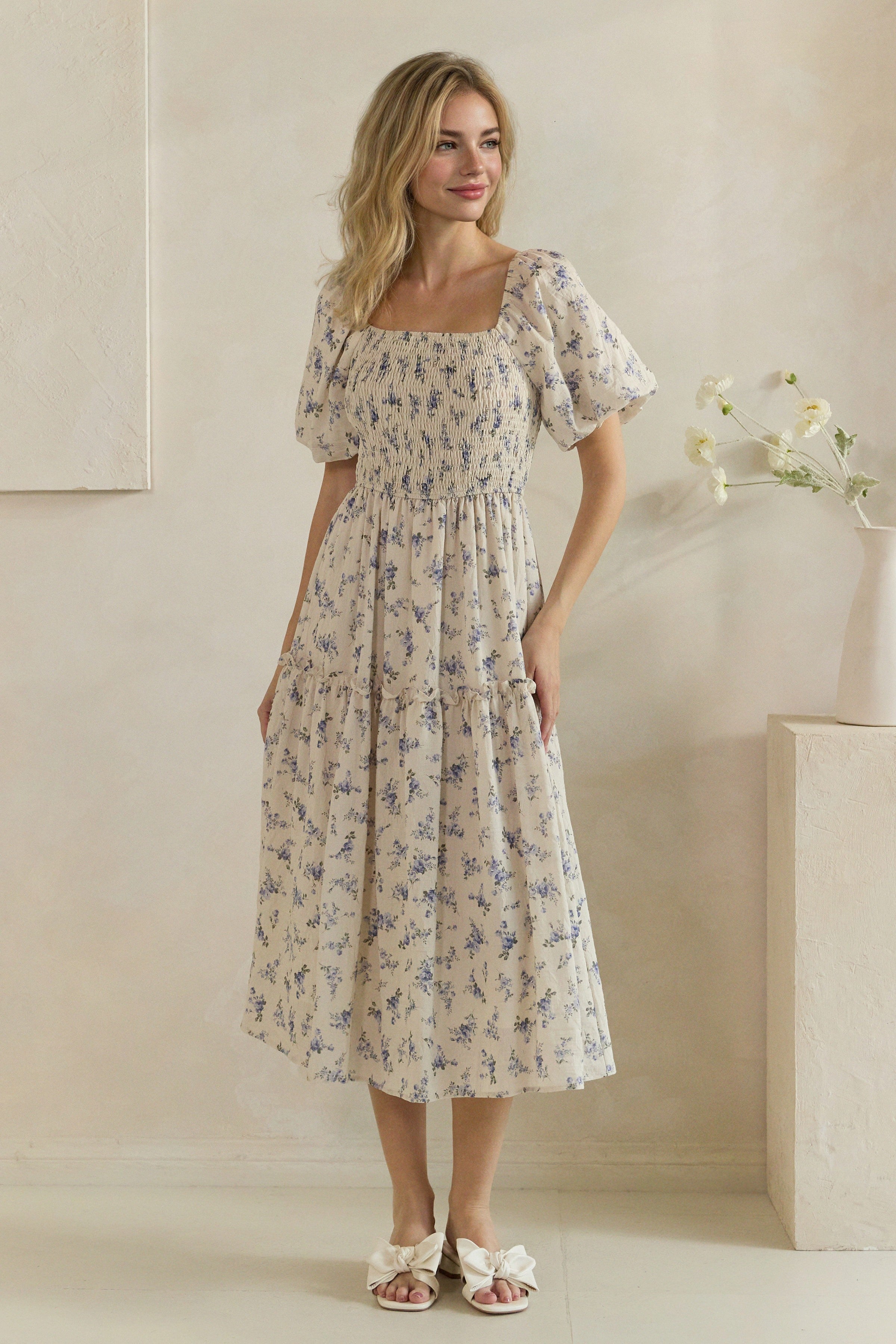 Floral Smocked Tiered Midi Dress