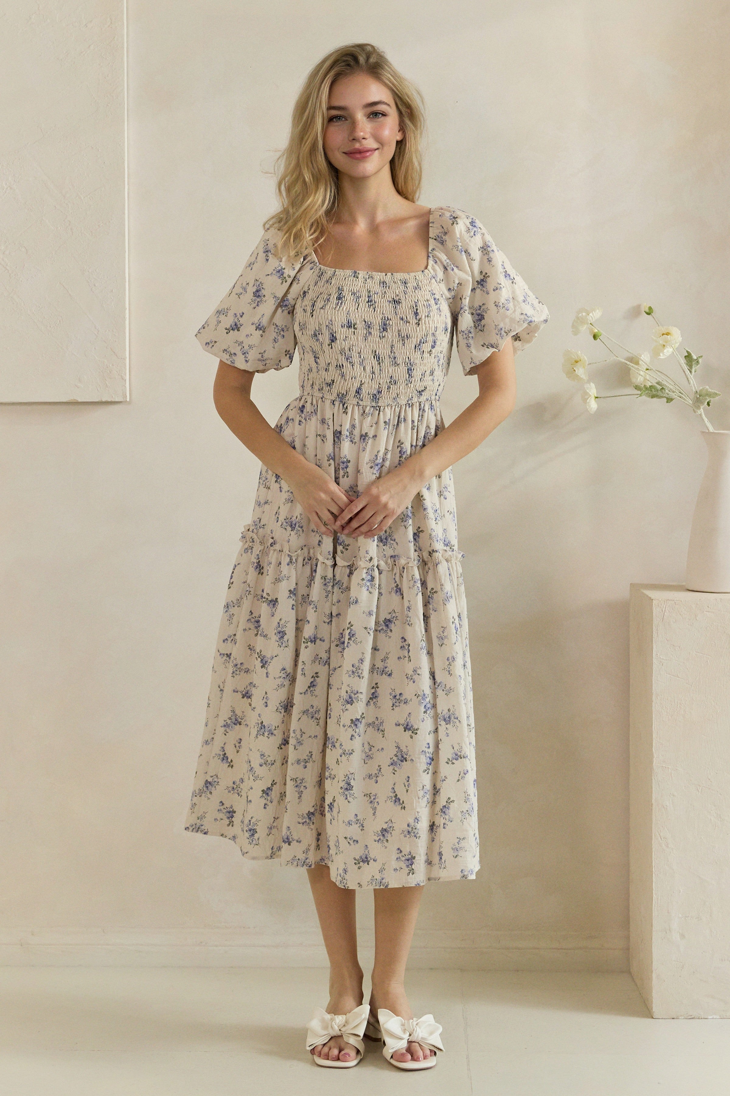 Floral Smocked Tiered Midi Dress