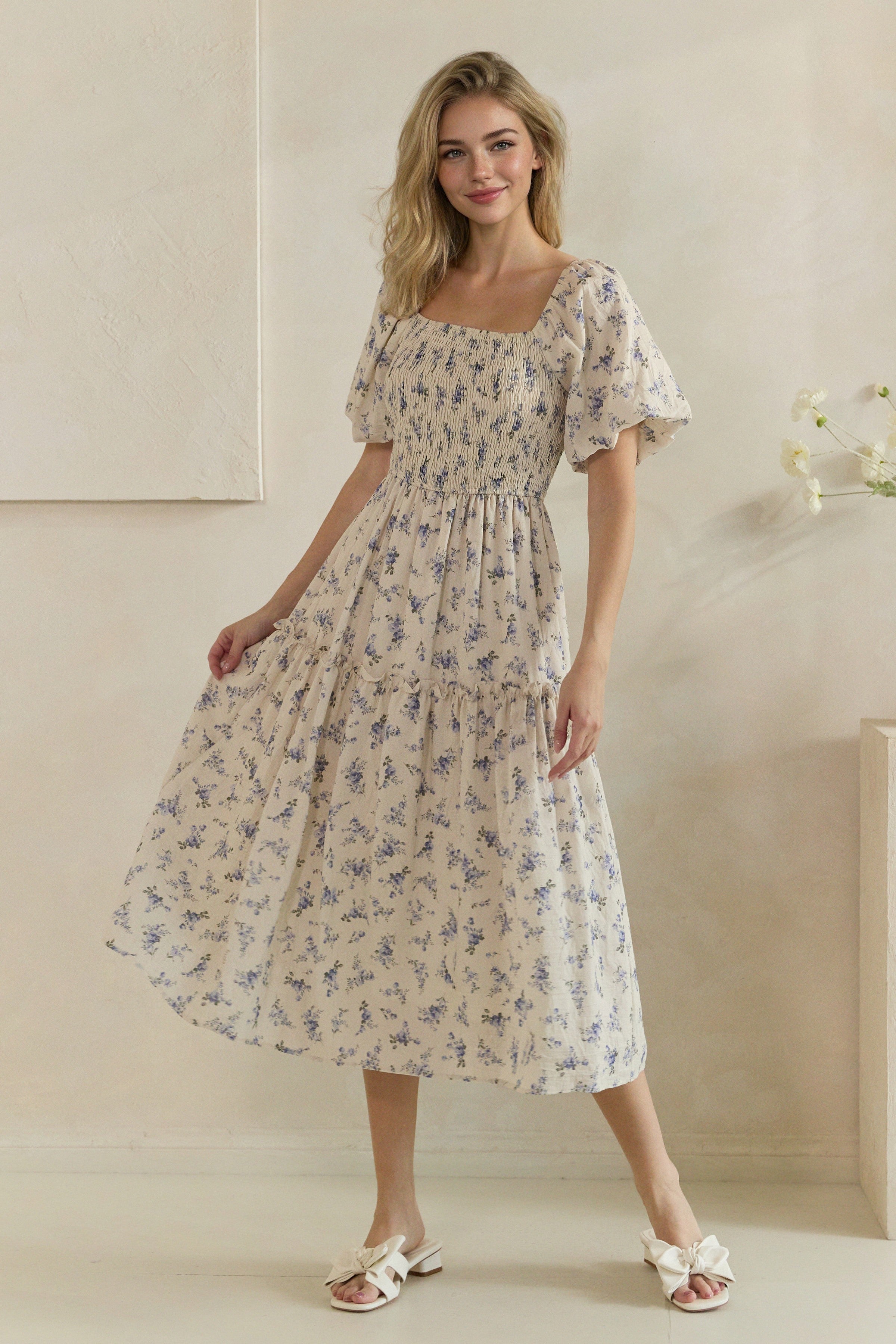 Plus Size Floral Smocked Tiered Midi Dress