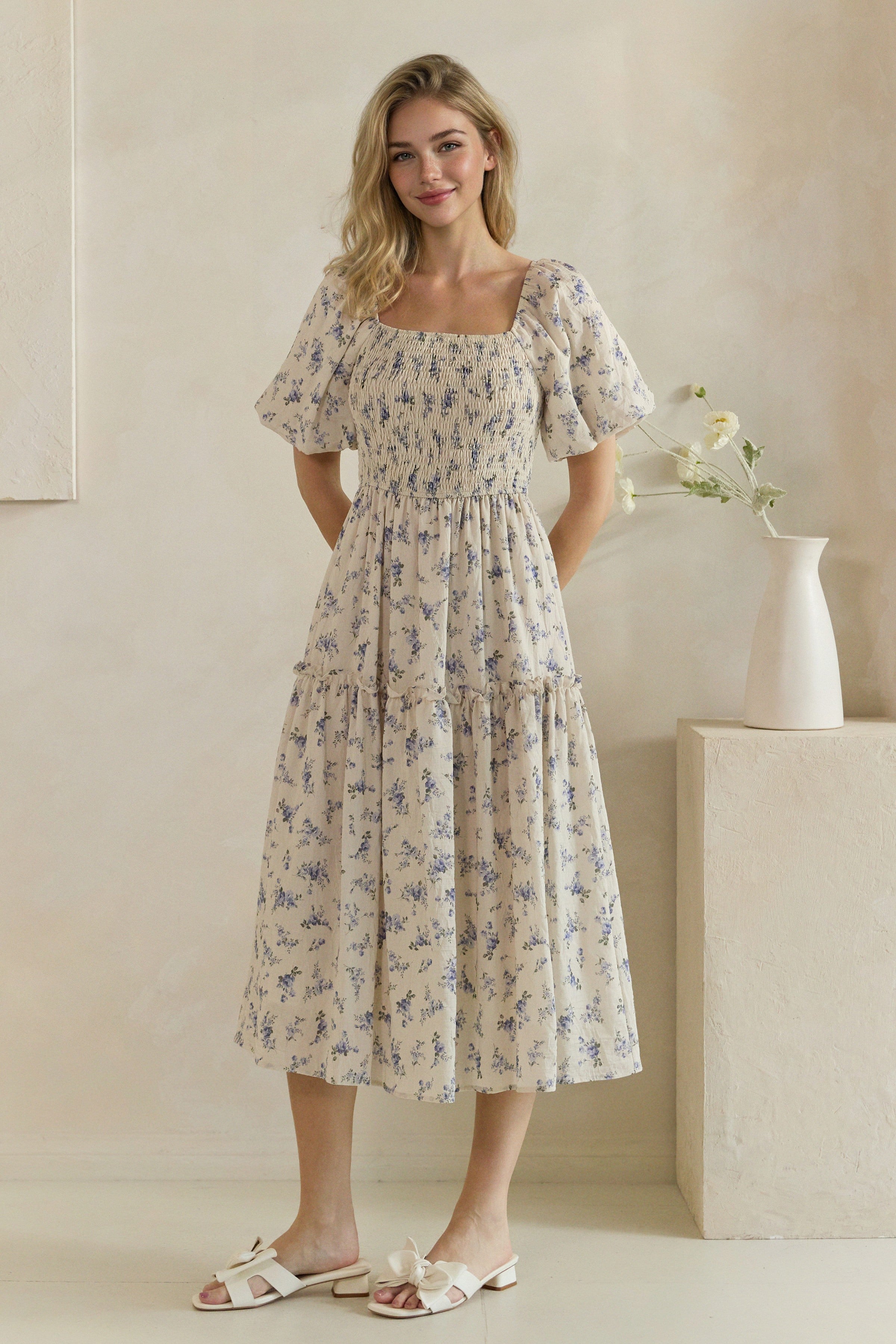 Floral Smocked Tiered Midi Dress