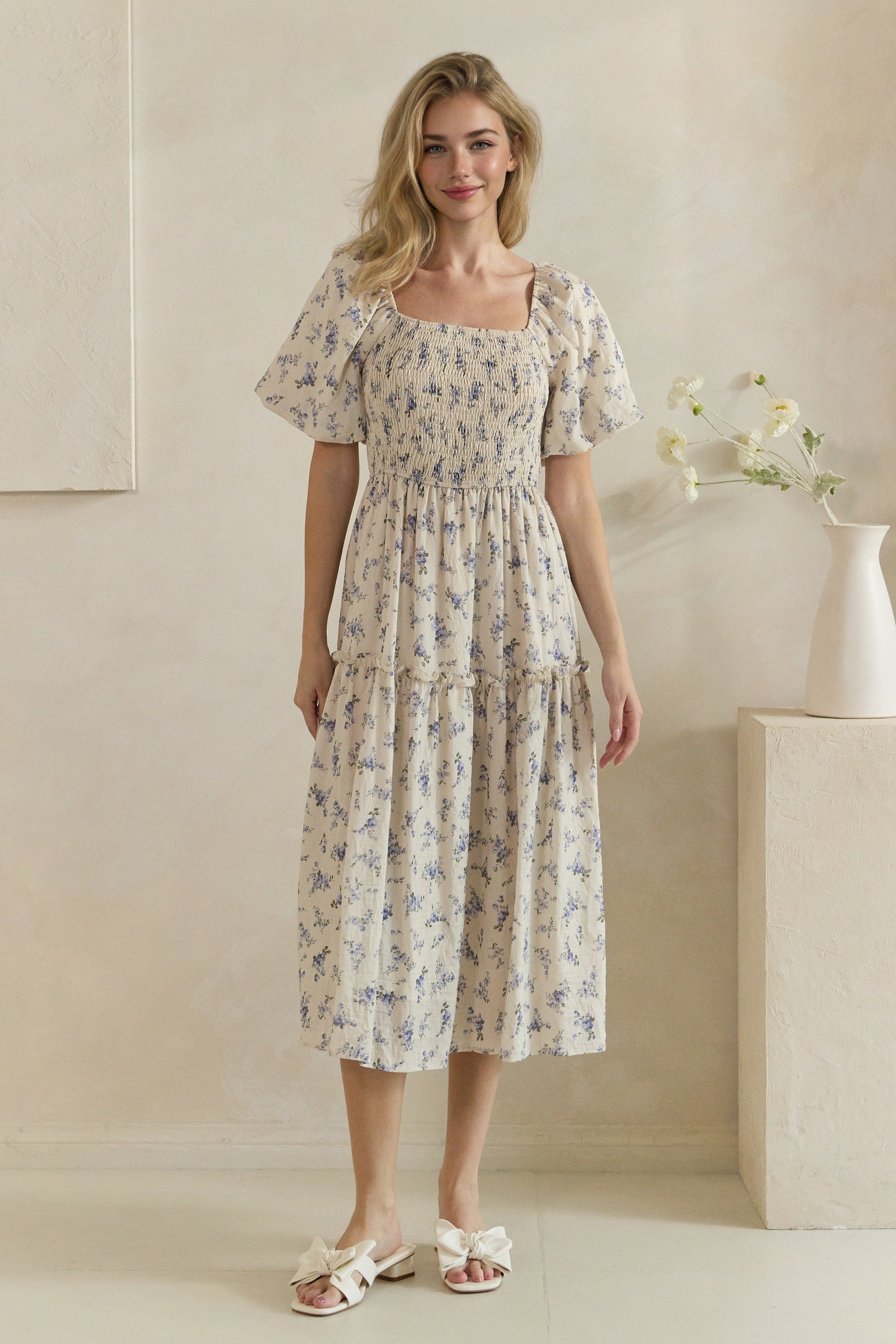 Floral Smocked Tiered Midi Dress