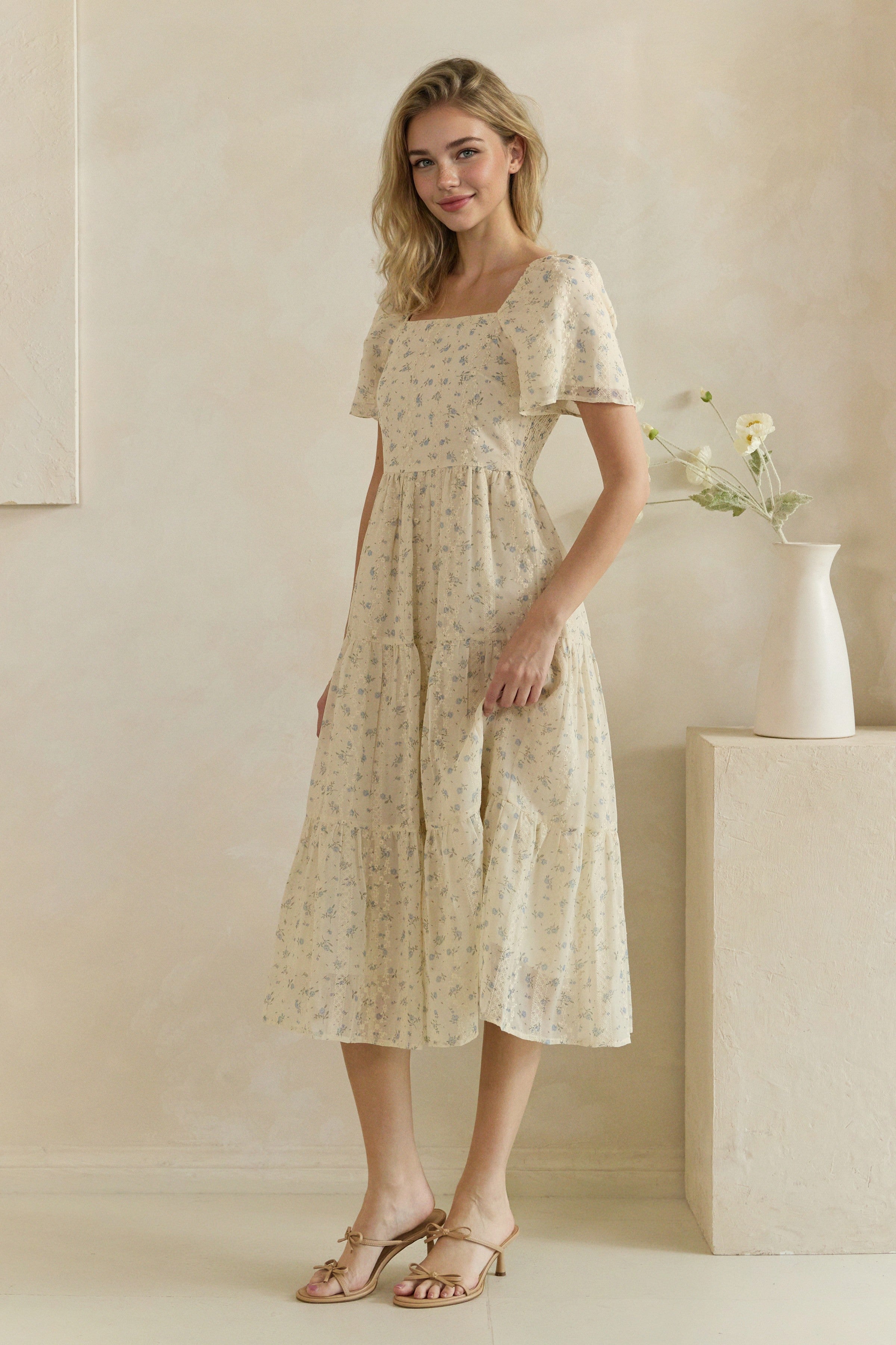 Ditsy Floral Tiered Square Neck Midi Dress