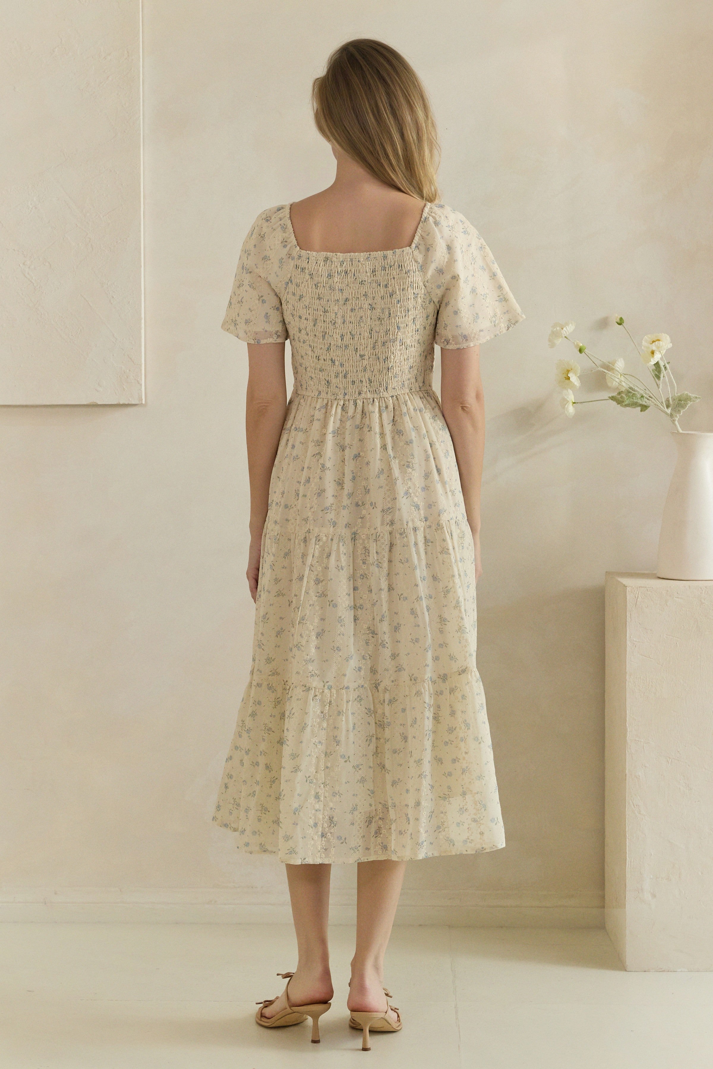 Ditsy Floral Tiered Square Neck Midi Dress