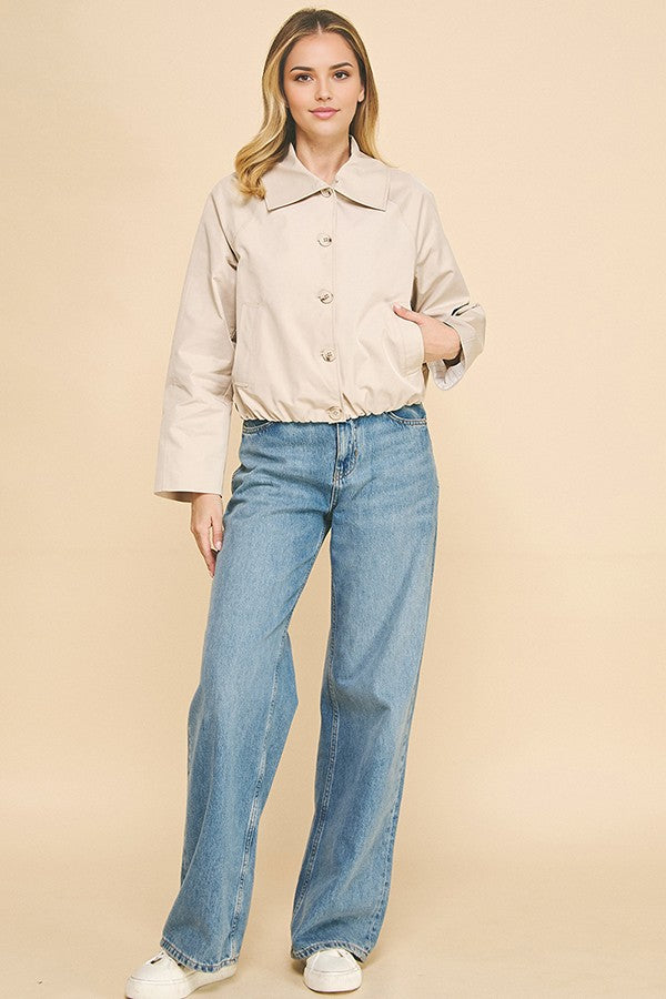 Waxed Twill Pinstripe Yoke Blouson Hem Button Down Car Coat