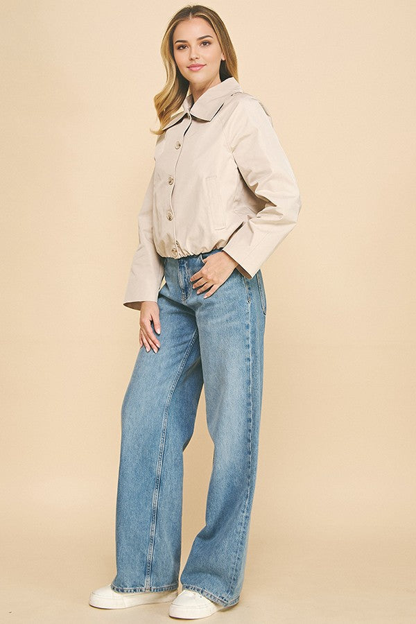 Waxed Twill Pinstripe Yoke Blouson Hem Button Down Car Coat