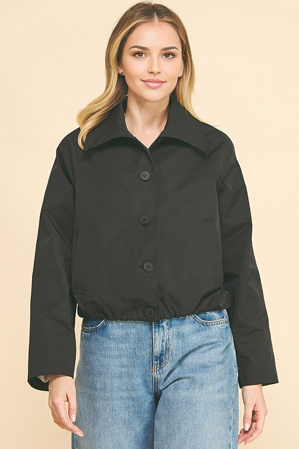 Waxed Twill Pinstripe Yoke Blouson Hem Button Down Car Coat