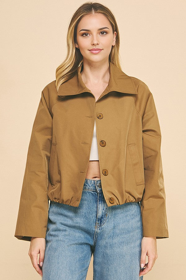 Waxed Twill Pinstripe Yoke Blouson Hem Button Down Car Coat