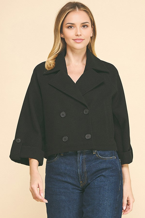 Brush Double Breasted Wide Notch Cropped Trench Pea Coat