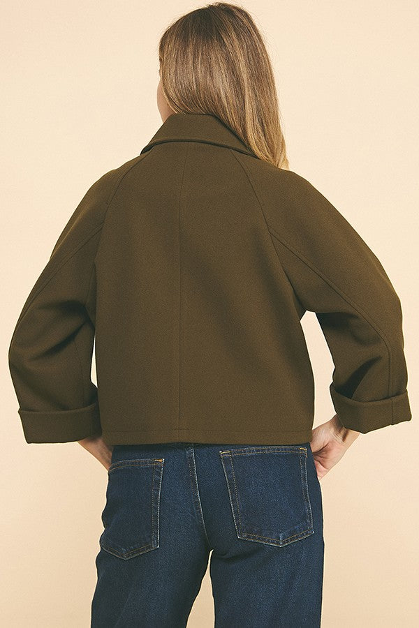 Brush Double Breasted Wide Notch Cropped Trench Pea Coat