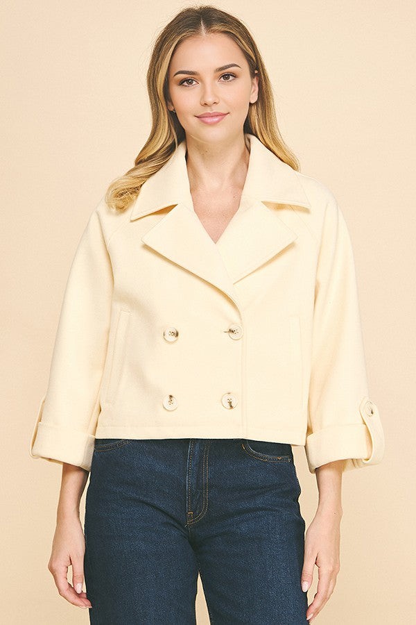 Brush Double Breasted Wide Notch Cropped Trench Pea Coat