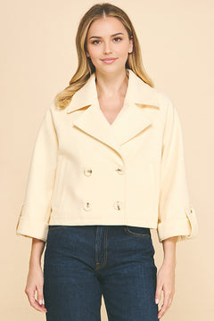 Brush Double Breasted Wide Notch Cropped Trench Pea Coat