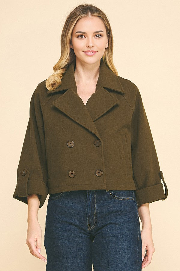 Brush Double Breasted Wide Notch Cropped Trench Pea Coat
