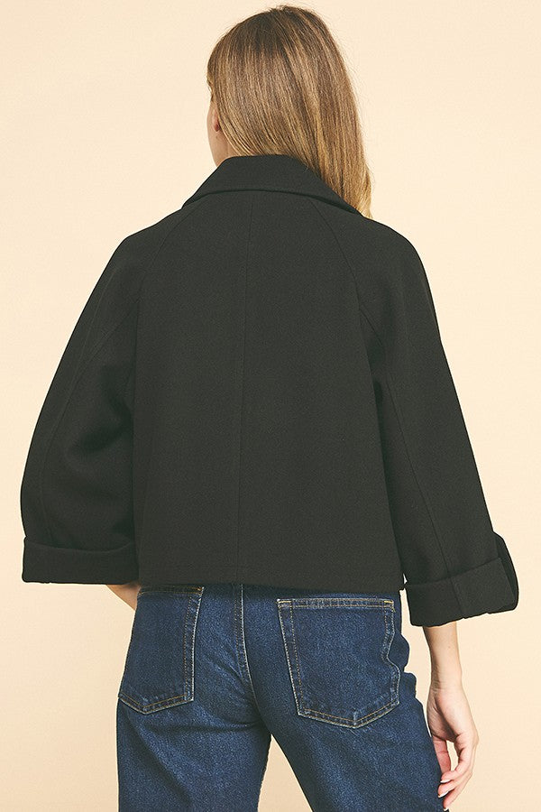 Brush Double Breasted Wide Notch Cropped Trench Pea Coat