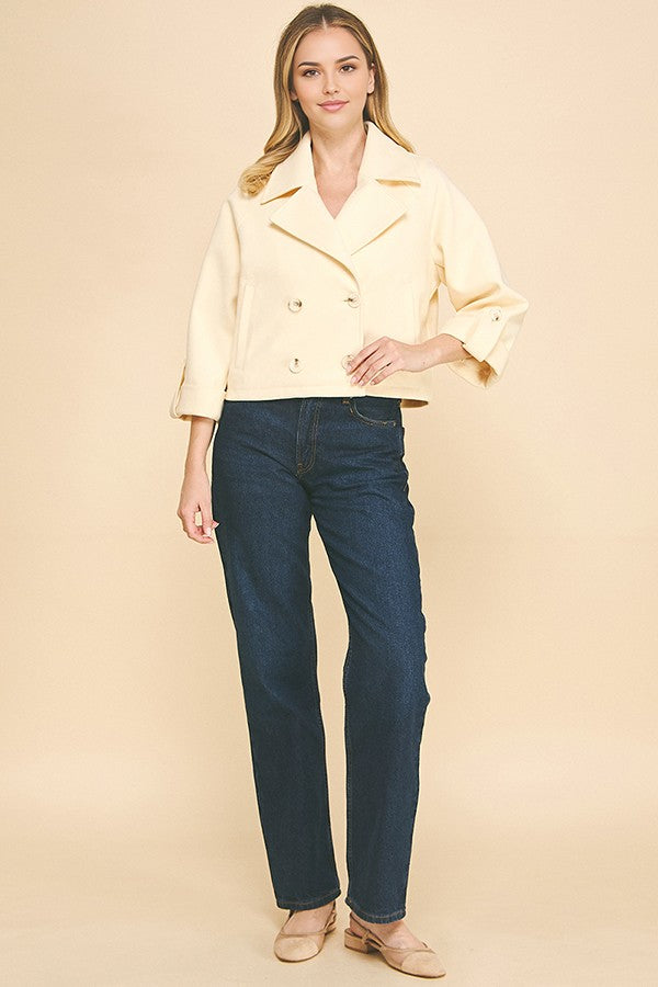 Brush Double Breasted Wide Notch Cropped Trench Pea Coat