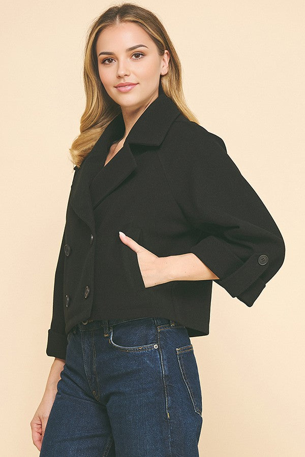Brush Double Breasted Wide Notch Cropped Trench Pea Coat