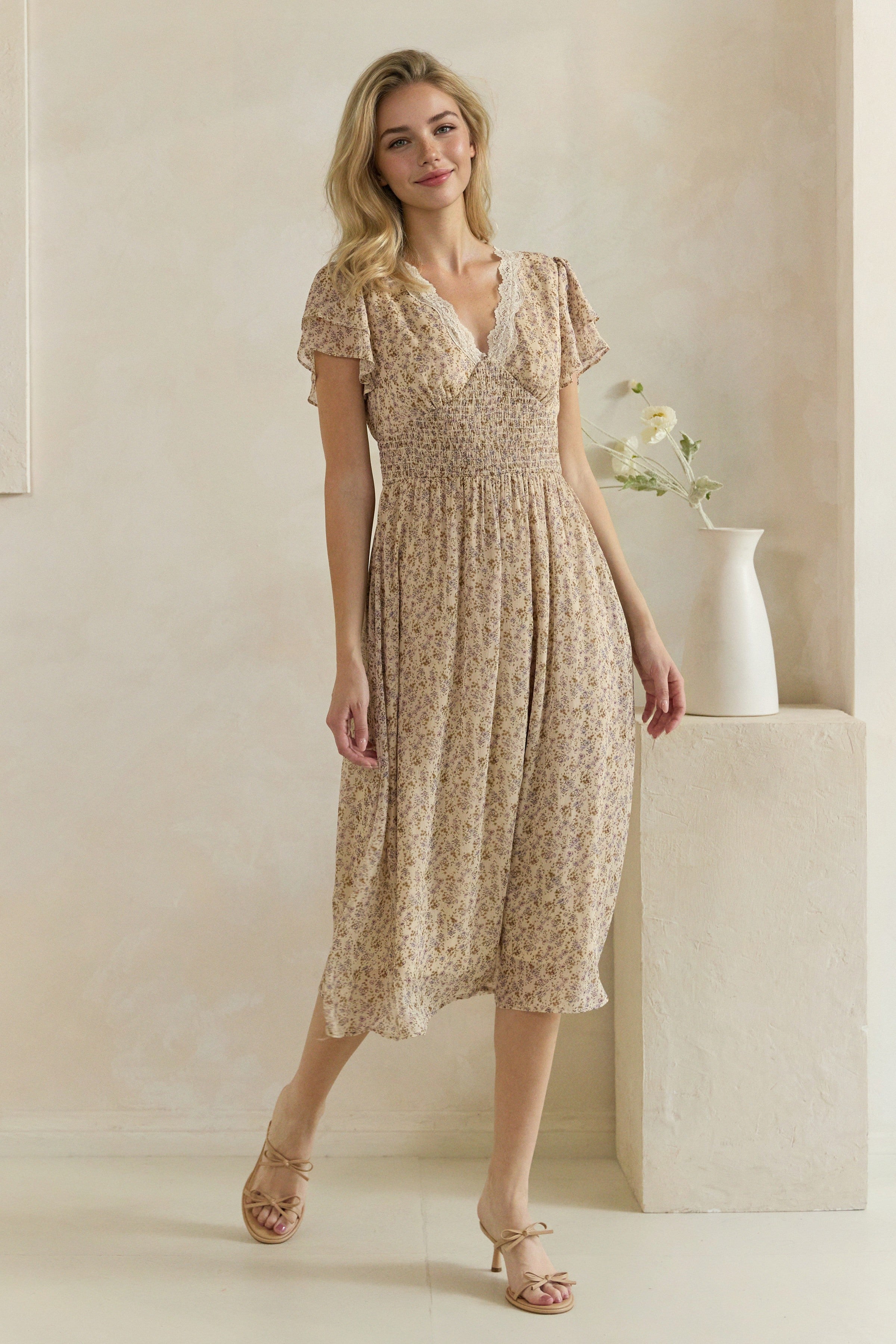 Smocked Waist Lace Trim Floral Midi Dress