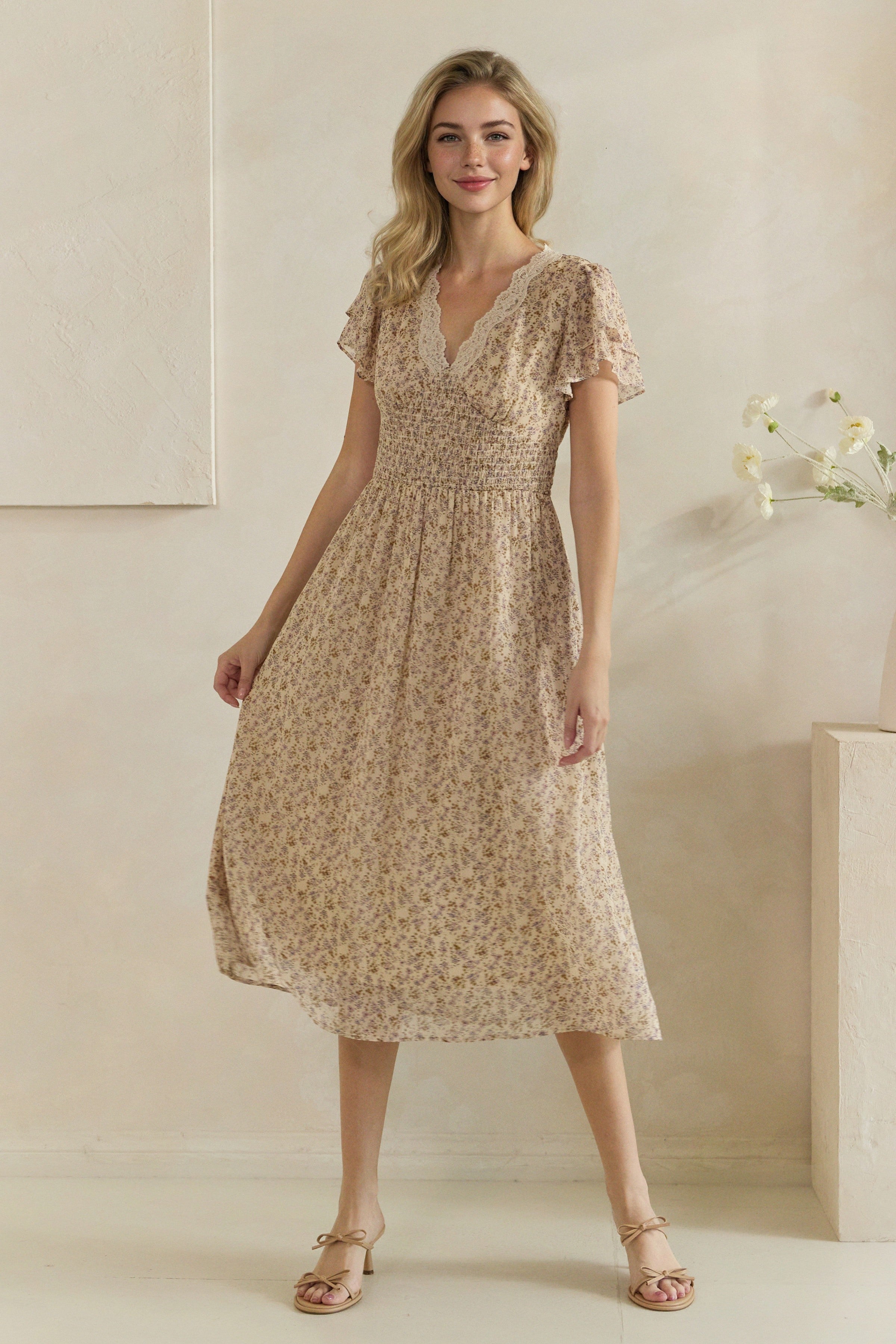 Smocked Waist Lace Trim Floral Midi Dress