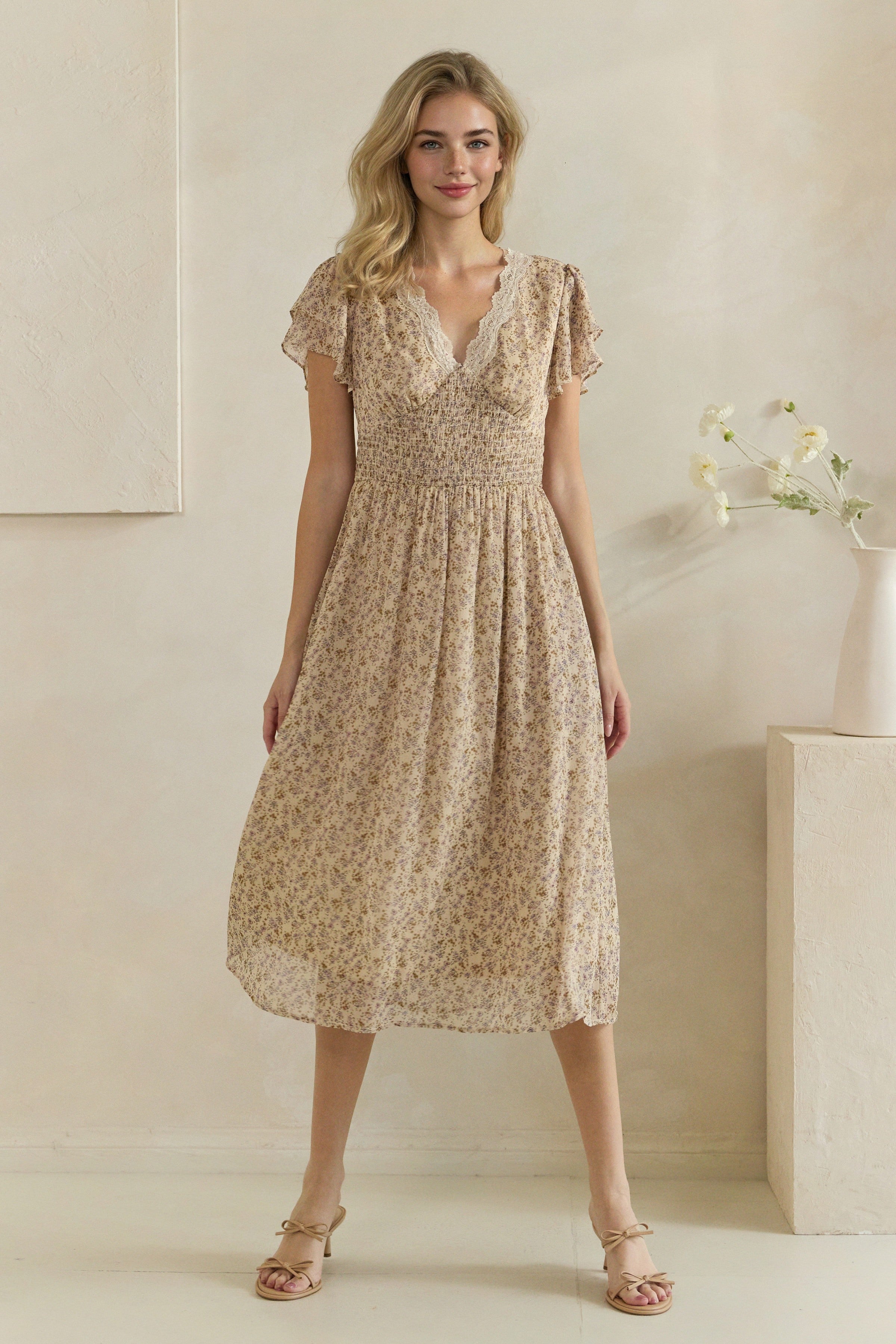 Smocked Waist Lace Trim Floral Midi Dress