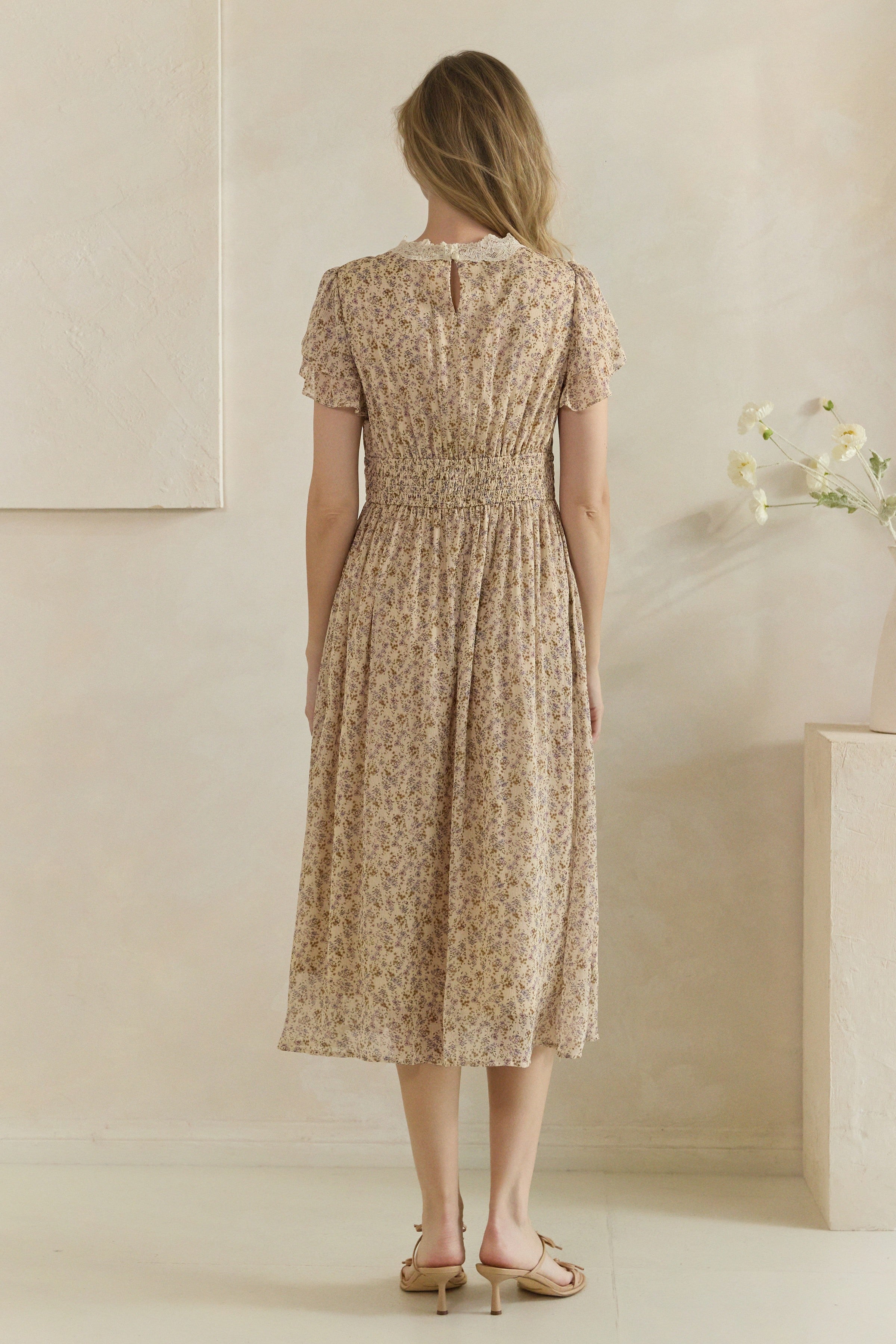 Smocked Waist Lace Trim Floral Midi Dress