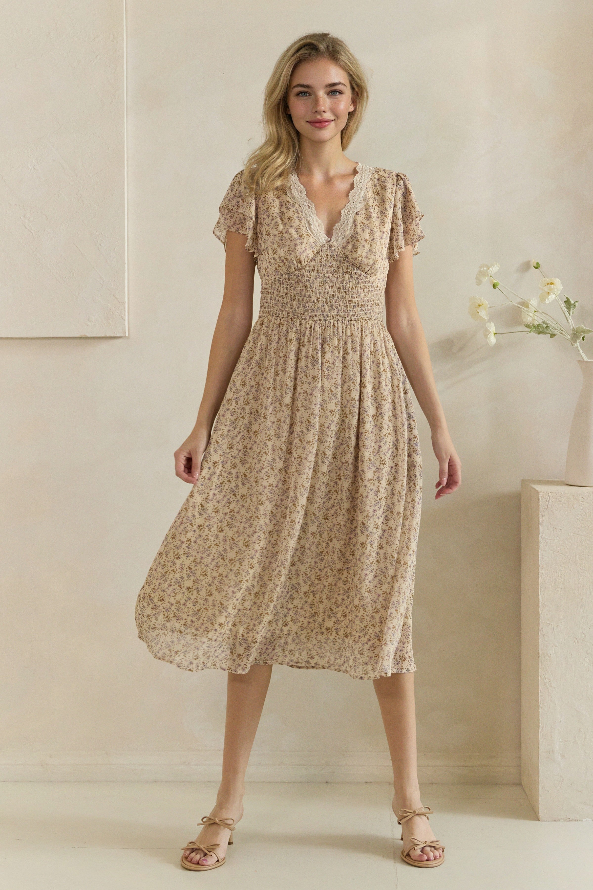 Smocked Waist Lace Trim Floral Midi Dress