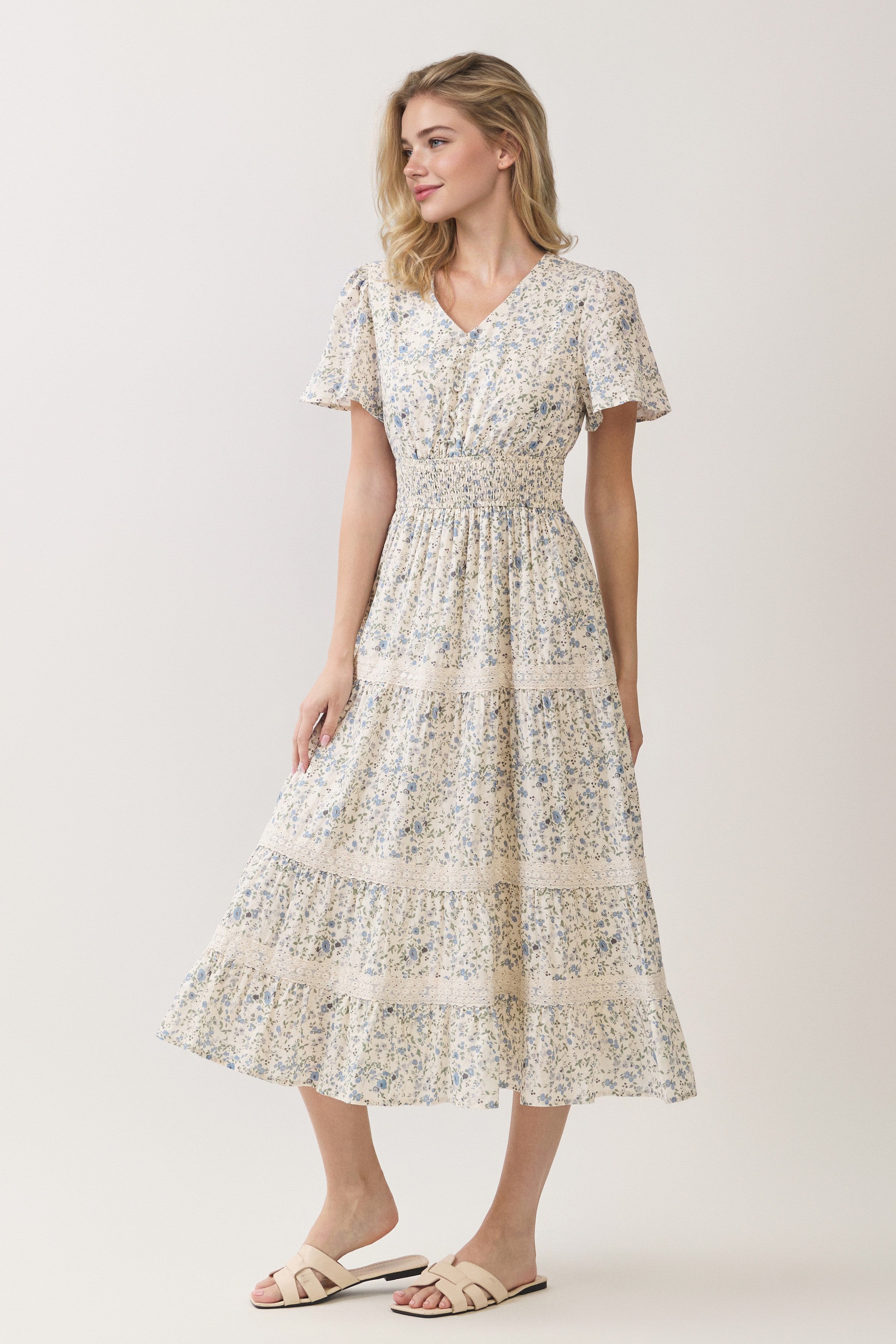 Floral Lace Inset Tiered Midi Dress