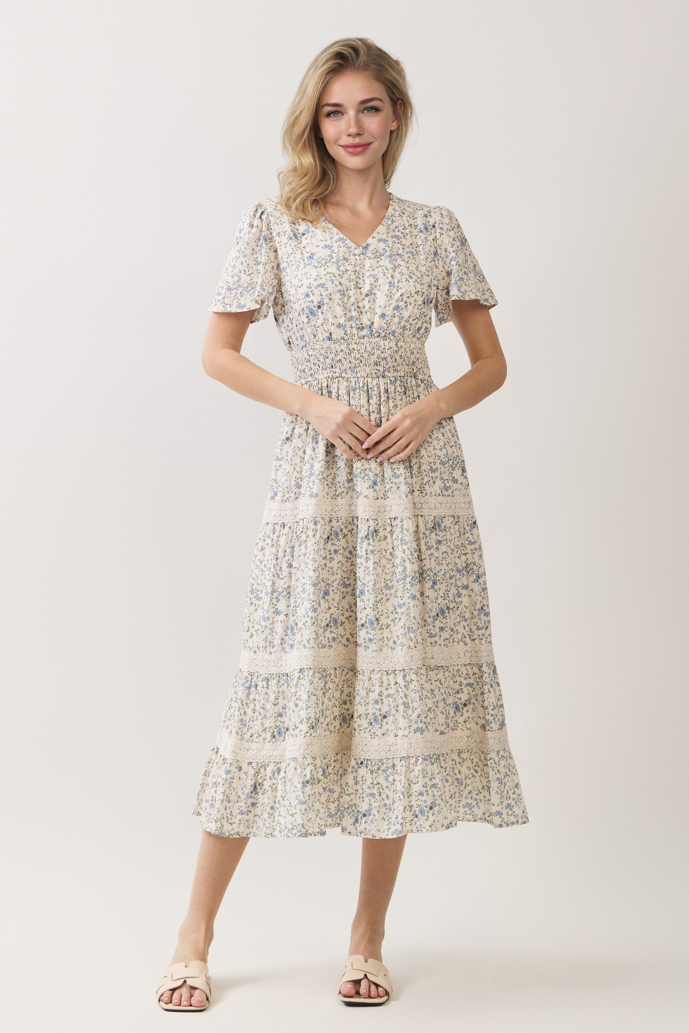 Floral Lace Inset Tiered Midi Dress