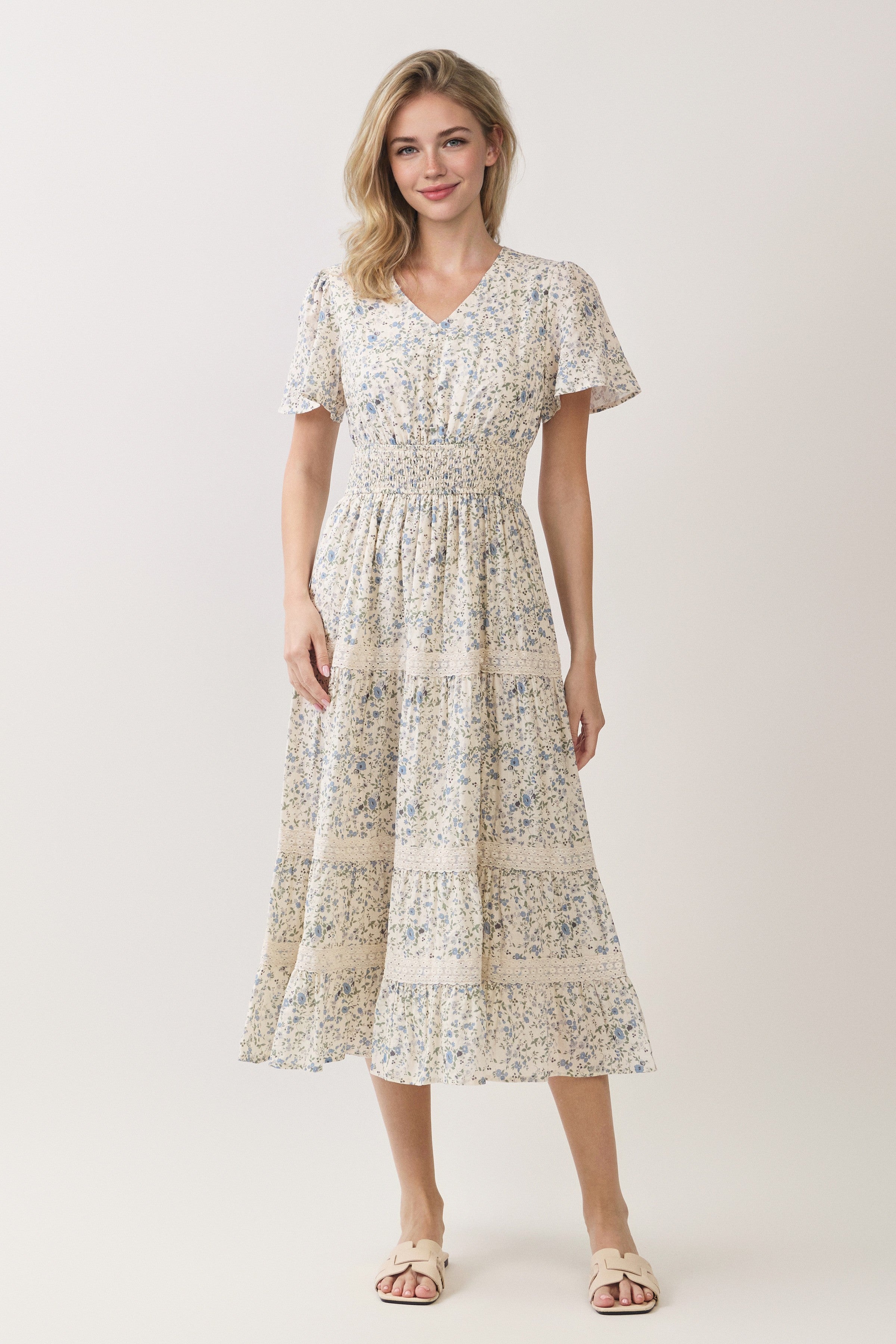 Floral Lace Inset Tiered Midi Dress