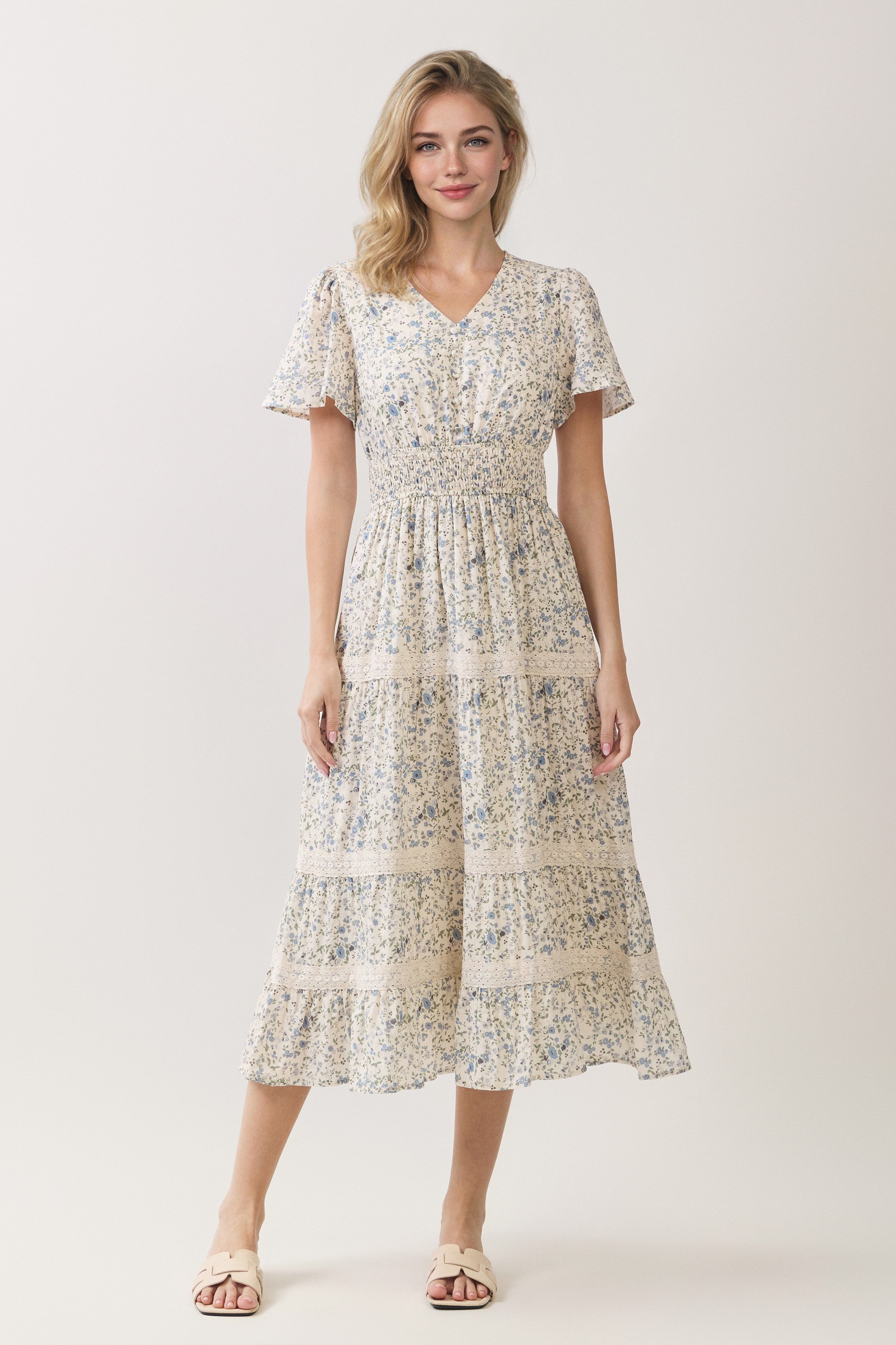 Floral Lace Inset Tiered Midi Dress