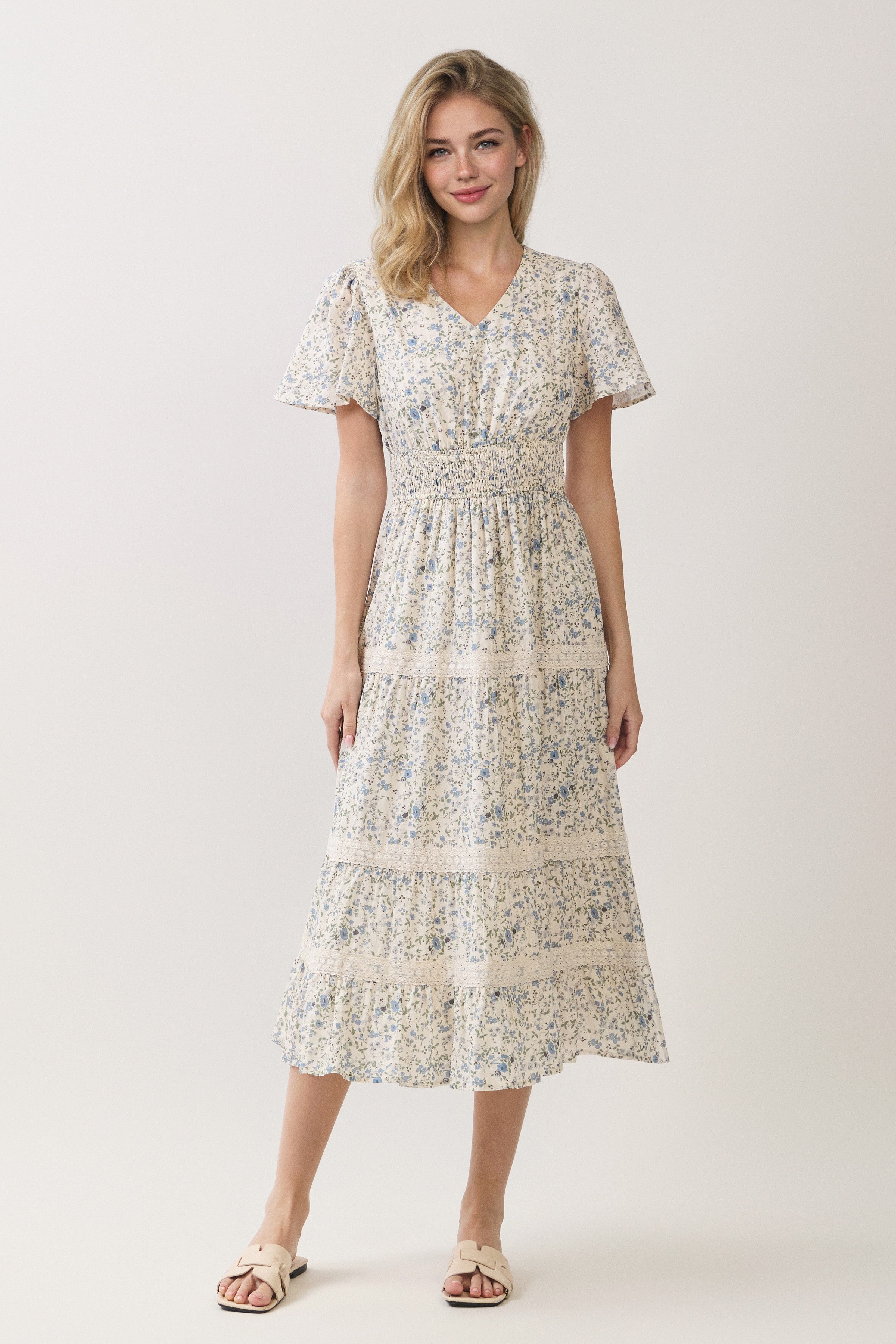 Floral Lace Inset Tiered Midi Dress