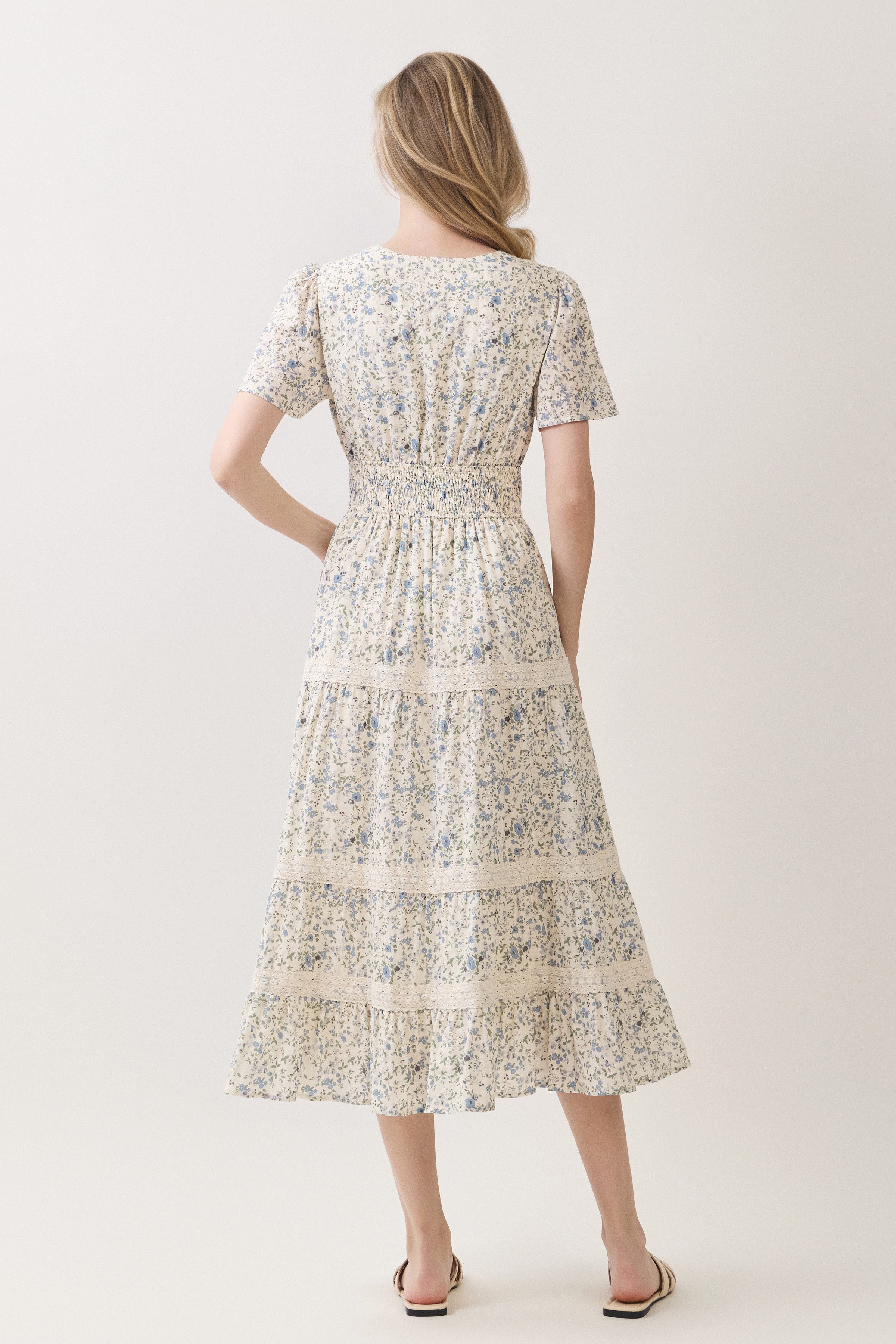 Floral Lace Inset Tiered Midi Dress