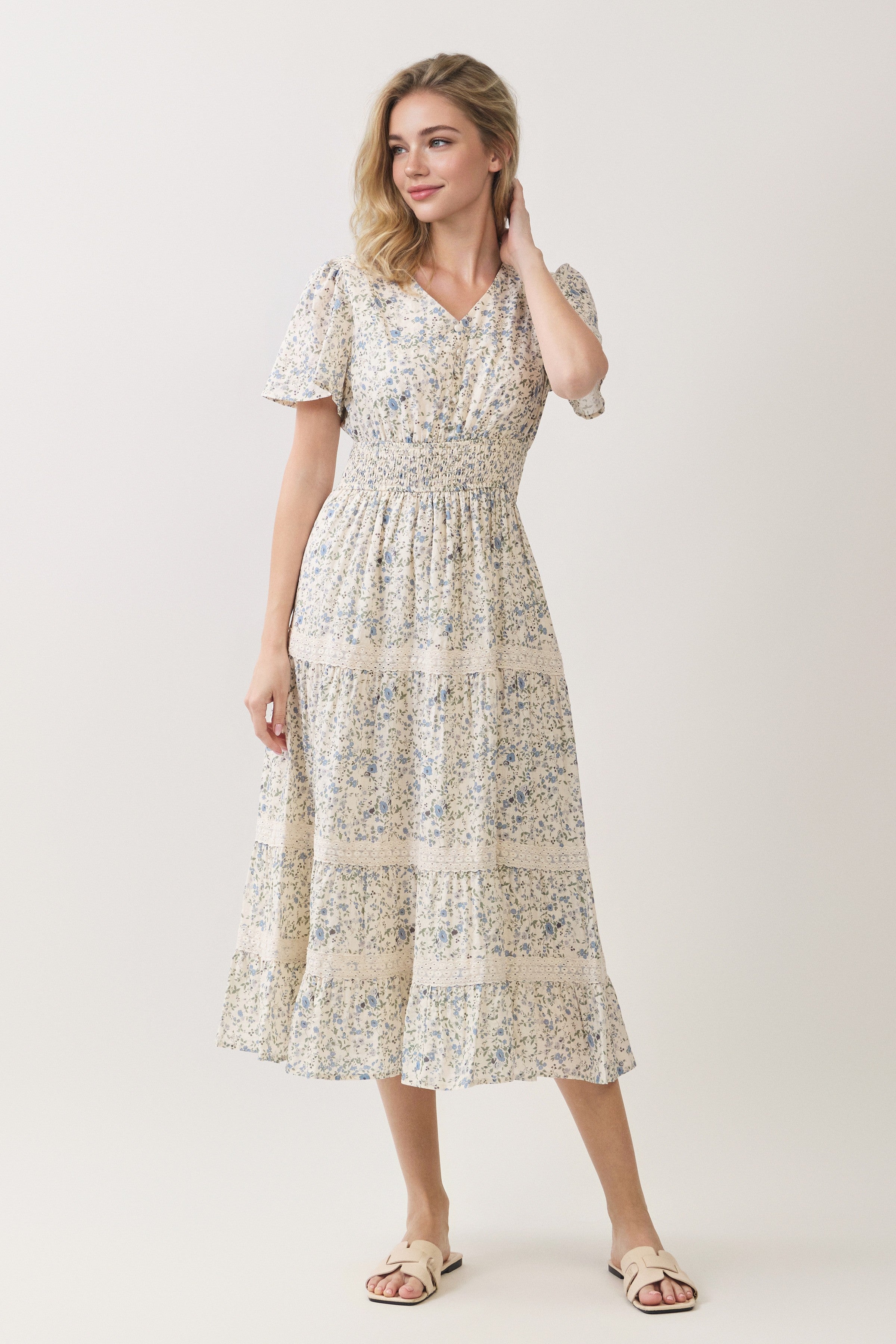 Floral Lace Inset Tiered Midi Dress